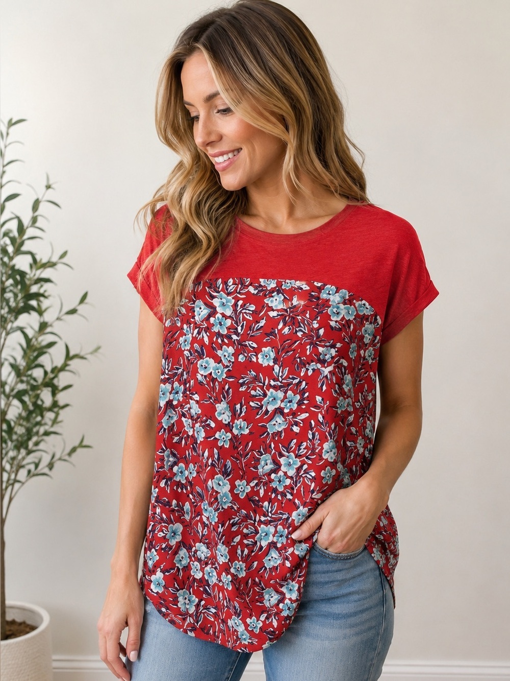Anthropologie Meadow Rue Red Floral Mixed Media Pocket Top XS